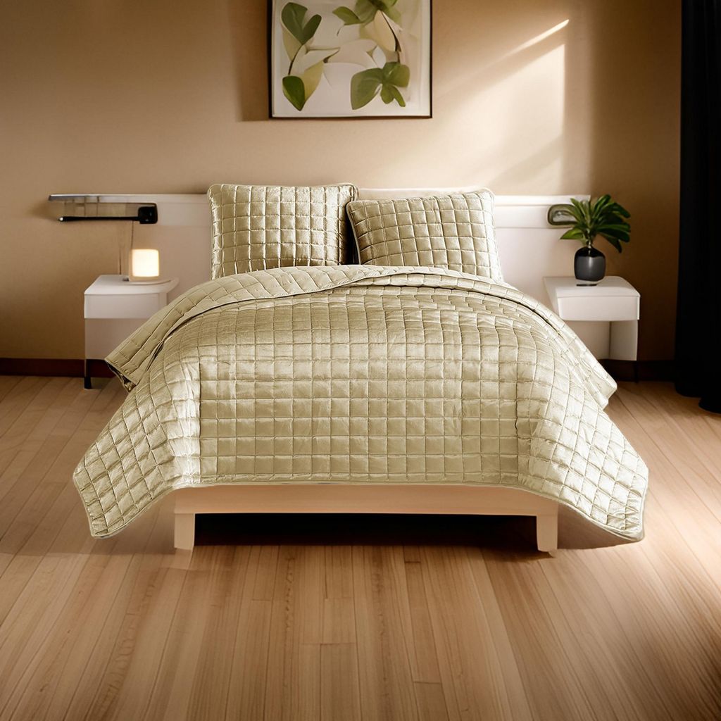 3 Piece Queen Size Coverlet Set with Stitched Square Pattern, Gold - View 7