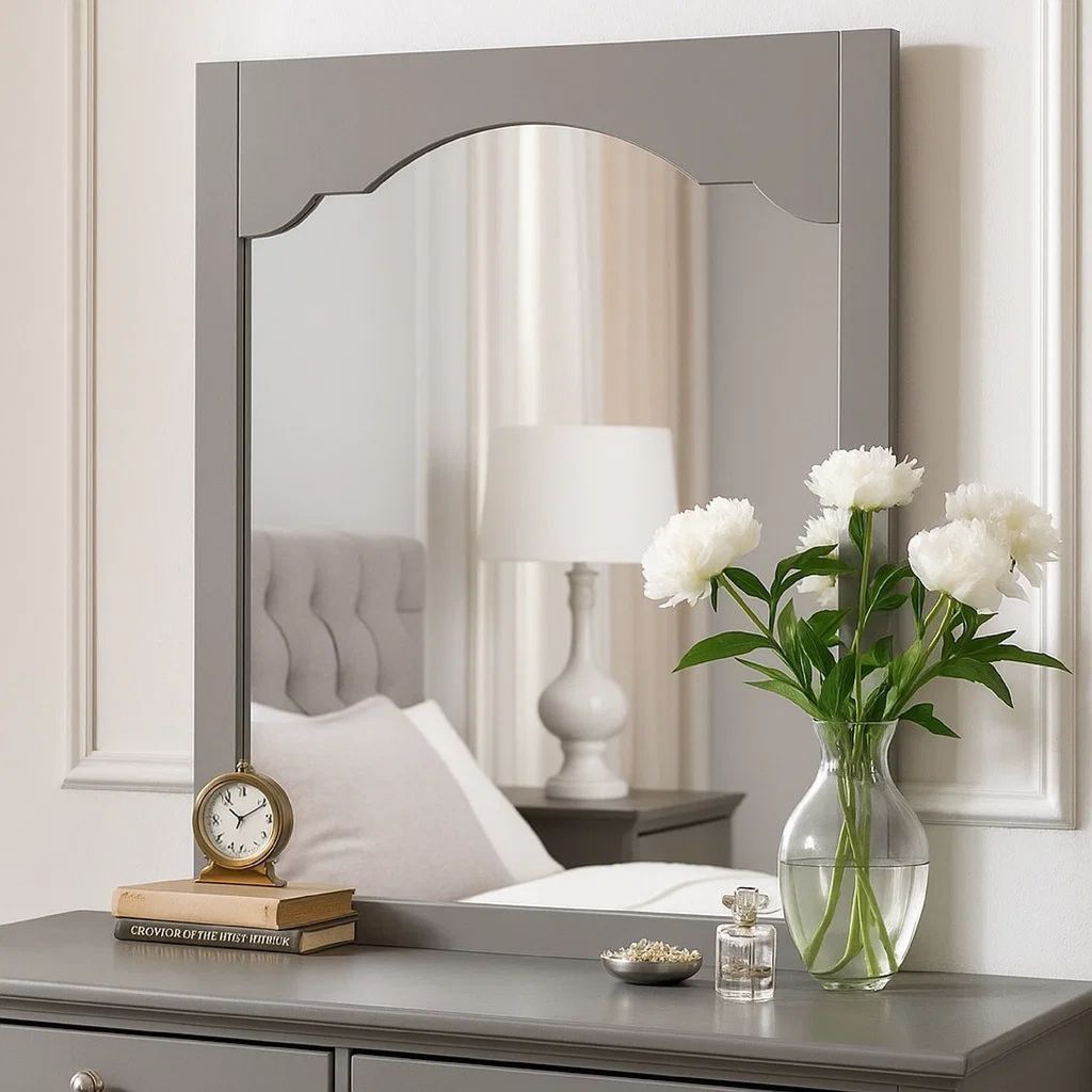 Wooden Encasing Mirror with Arched Design Top, Gray - View 7