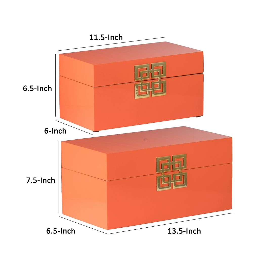 Neo 14, 11 Inch Set of 2 Decorative Boxes, Geometric Metal Accents, Orange - View 5