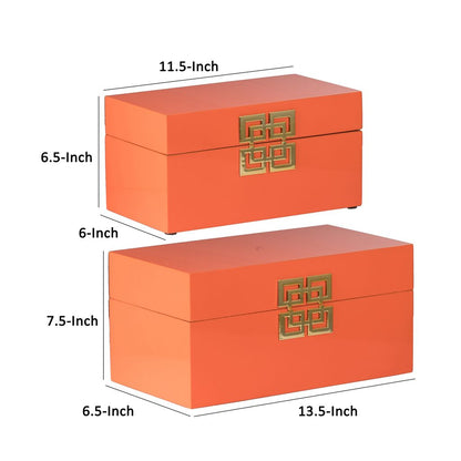 Neo 14, 11 Inch Set of 2 Decorative Boxes, Geometric Metal Accents, Orange - View 5