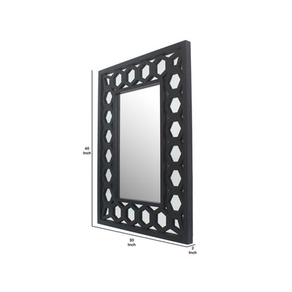 Rectangular Wooden Dressing Mirror with Lattice Pattern Design, Black - View 5