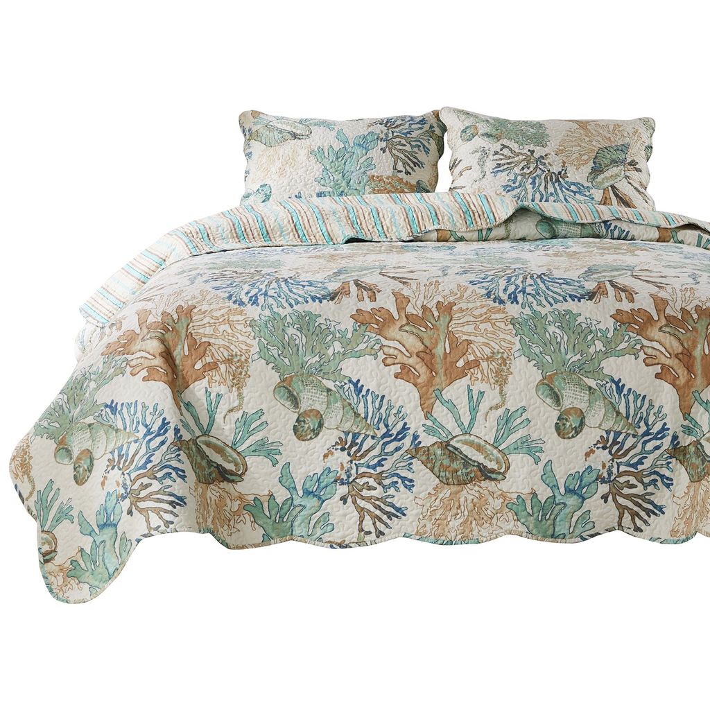 Wade 5 Piece King Quilt Set, Ocean Design, Scalloped Edges, Floral Pattern - View 2