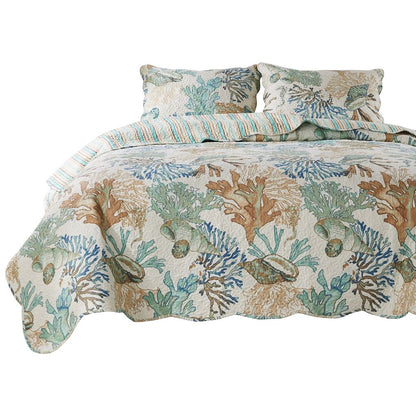 Wade 5 Piece King Quilt Set, Ocean Design, Scalloped Edges, Floral Pattern - View 2