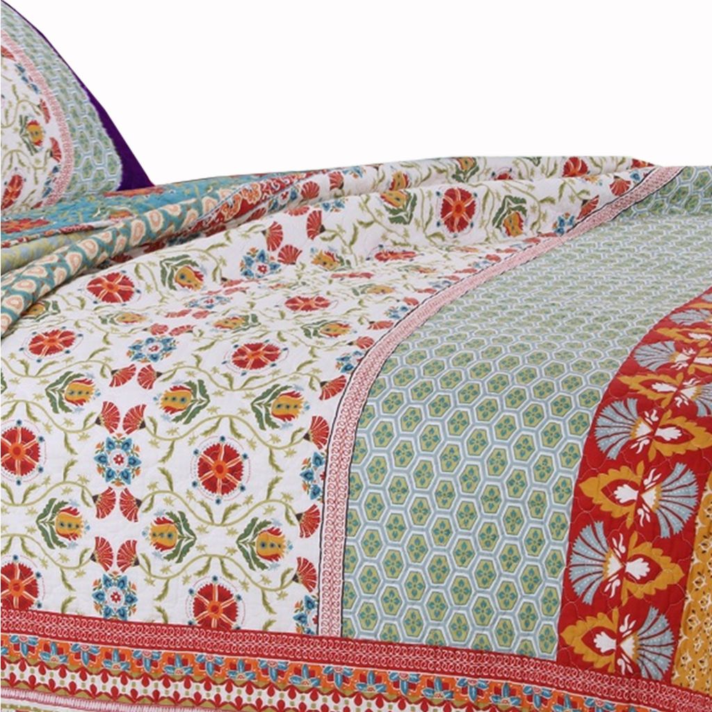 Geometric and Floral Print Twin Size Quilt Set with 1 Sham, Multicolor - View 4