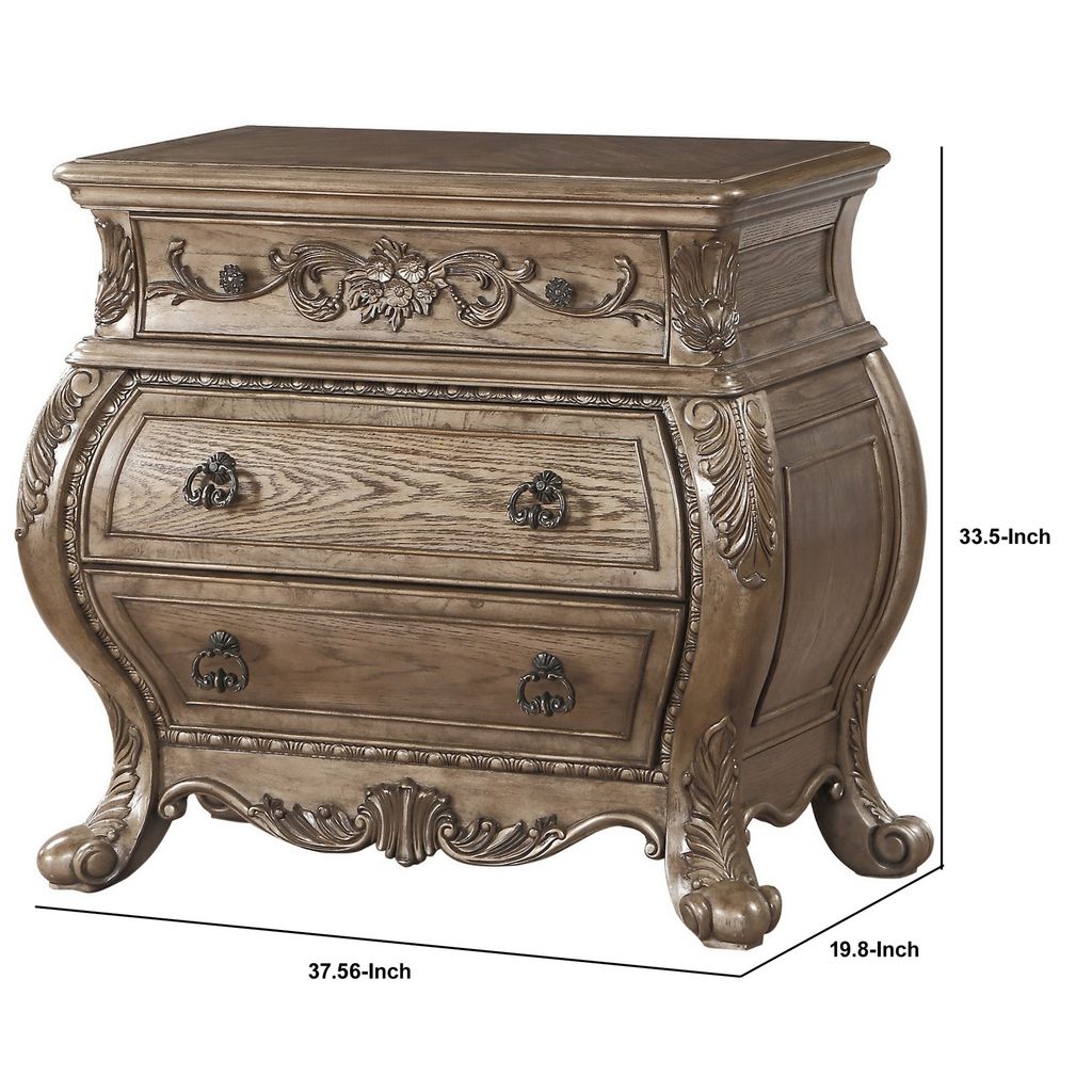 Nightstand, 3 Drawers with Antique Handles, Scrolled Legs, Vintage Oak Brown - View 6