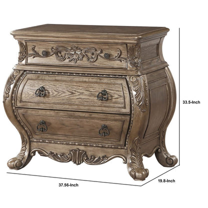 Nightstand, 3 Drawers with Antique Handles, Scrolled Legs, Vintage Oak Brown - View 6