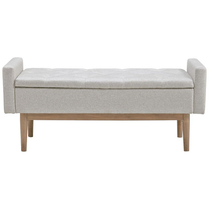Tufted Fabric Storage Bench with Low Profile Elevated Arms, Light Gray - View 2
