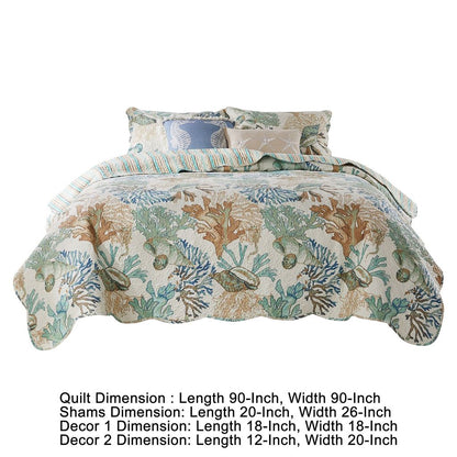 Wade 5 Piece Full Quilt Set, Ocean Design, Scalloped Edges, Floral Pattern - View 5