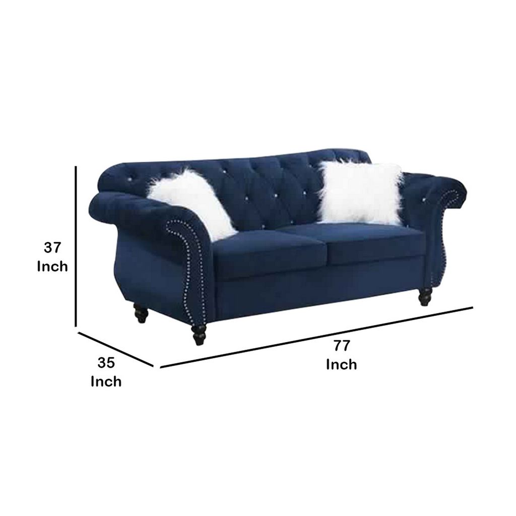 77 Inches Nailhead Trim Velvet Loveseat with Crystal Tufting, Blue - View 6