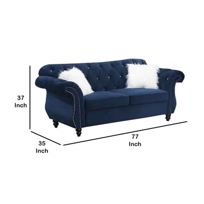 77 Inches Nailhead Trim Velvet Loveseat with Crystal Tufting, Blue - View 6