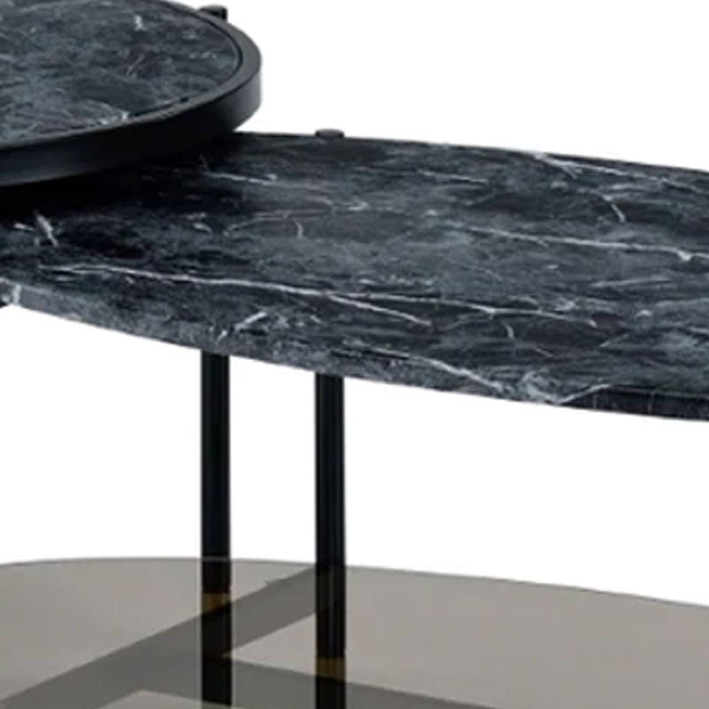 40 Inch 2 Piece Nesting Coffee Table, Faux Marble Top, Glass Shelf, Black - View 4