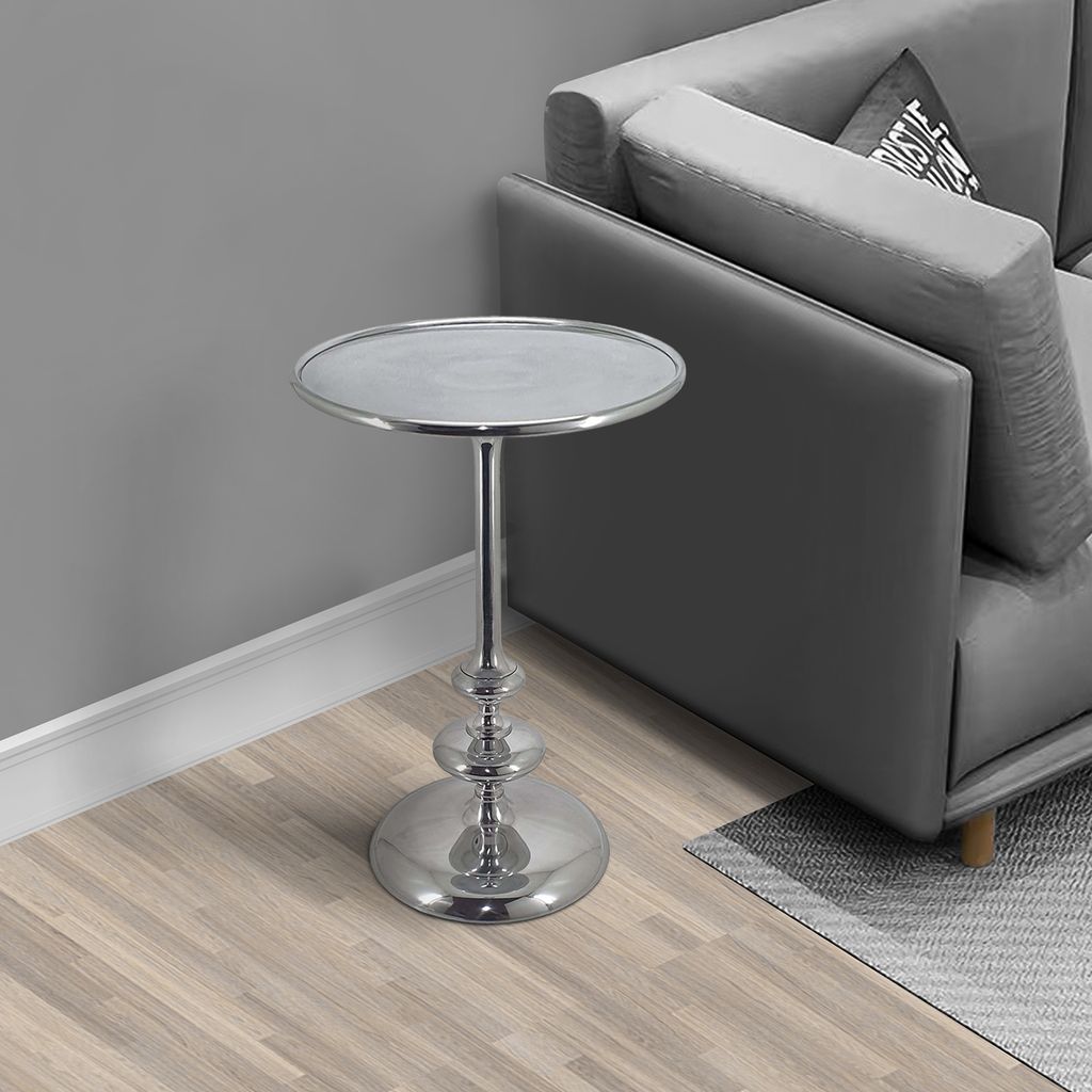 23 Inch Modern Aluminum Side Table, Round Tabletop and Base, Carved, Silver - View 7