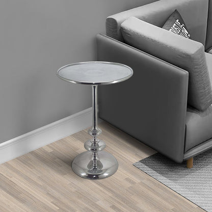 23 Inch Modern Aluminum Side Table, Round Tabletop and Base, Carved, Silver - View 7