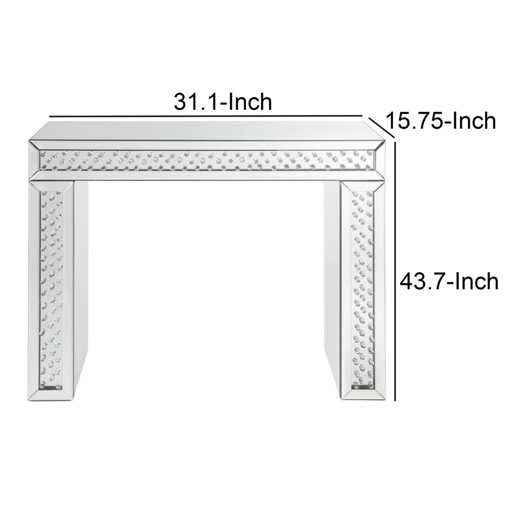 Mirror Accented Wood And Glass Vanity Desk With Faux Crystal Inlay, Silver - View 6