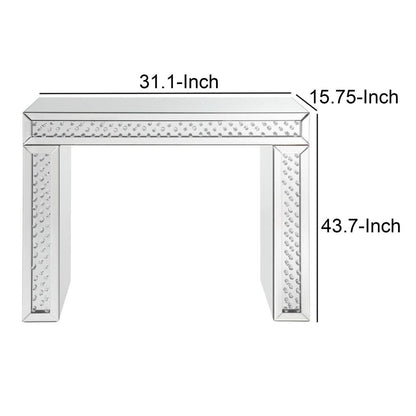 Mirror Accented Wood And Glass Vanity Desk With Faux Crystal Inlay, Silver - View 6