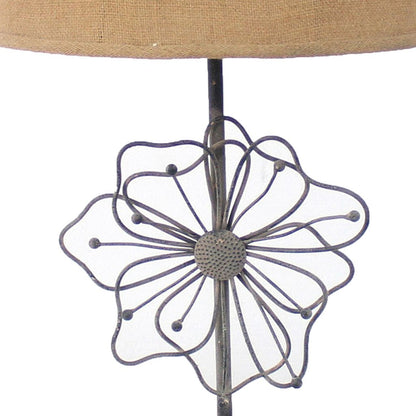 Metal Table Lamp Set of 2 with Flower Accent and Block Base,Beige and Gray - View 3