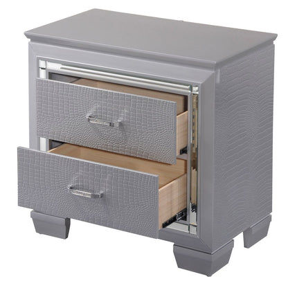 Two Drawer Wooden Nightstand with Textured Details and Mirror Accents, Gray - View 3