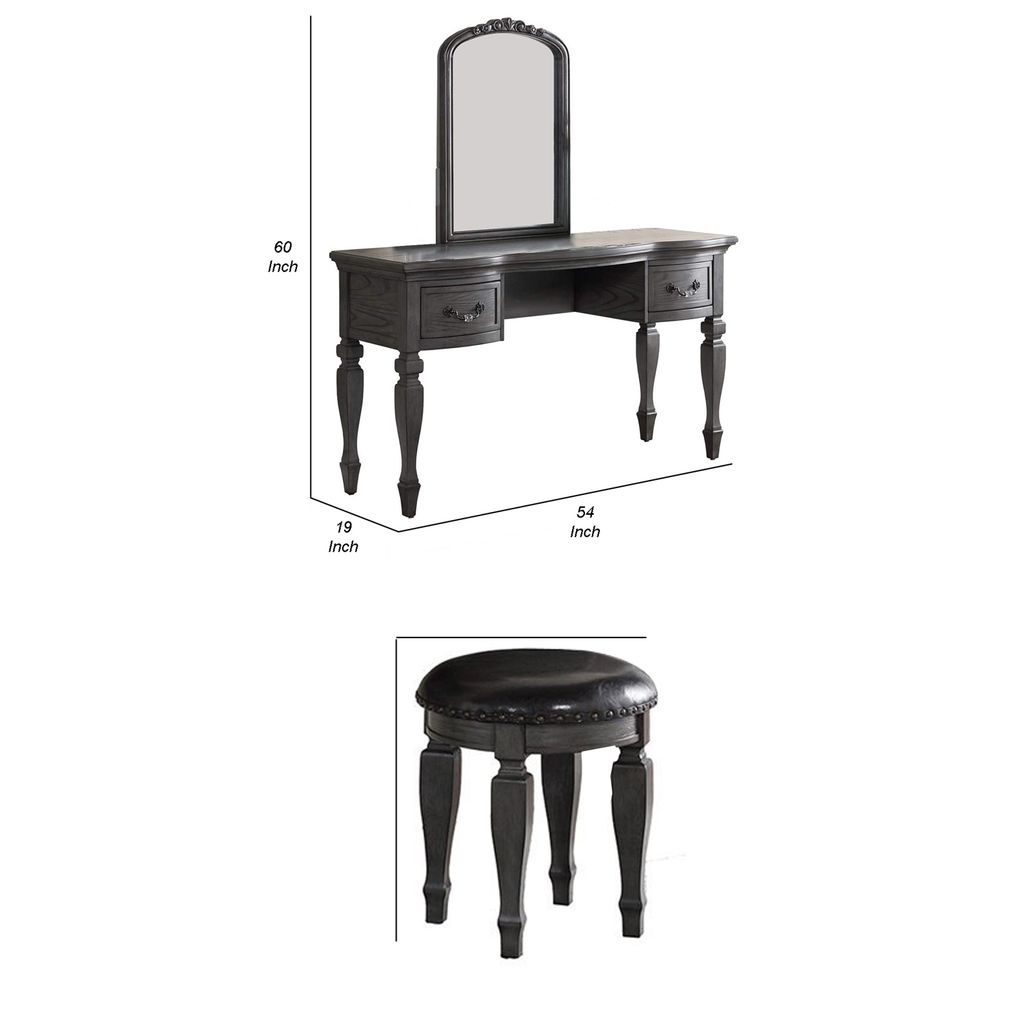 3 Piece Vanity Set with Carved Mirror and Turned Legs, Gray - View 6
