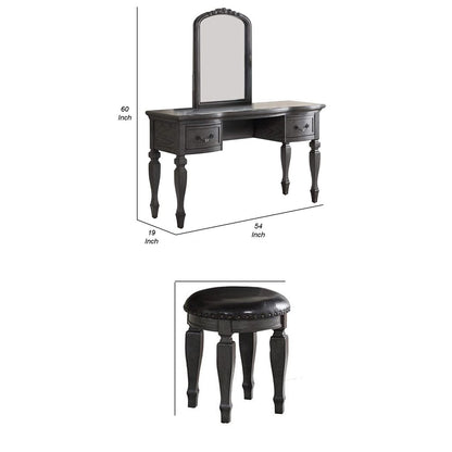 3 Piece Vanity Set with Carved Mirror and Turned Legs, Gray - View 6