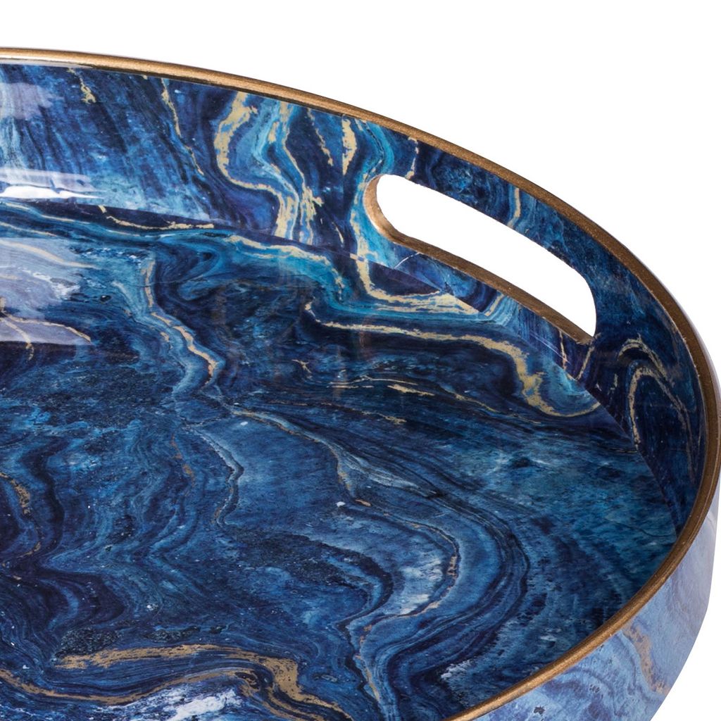 Set of 2 Round Accent Trays, Tabletop Decor, Marbling, Blue, Gold Marbling - View 3