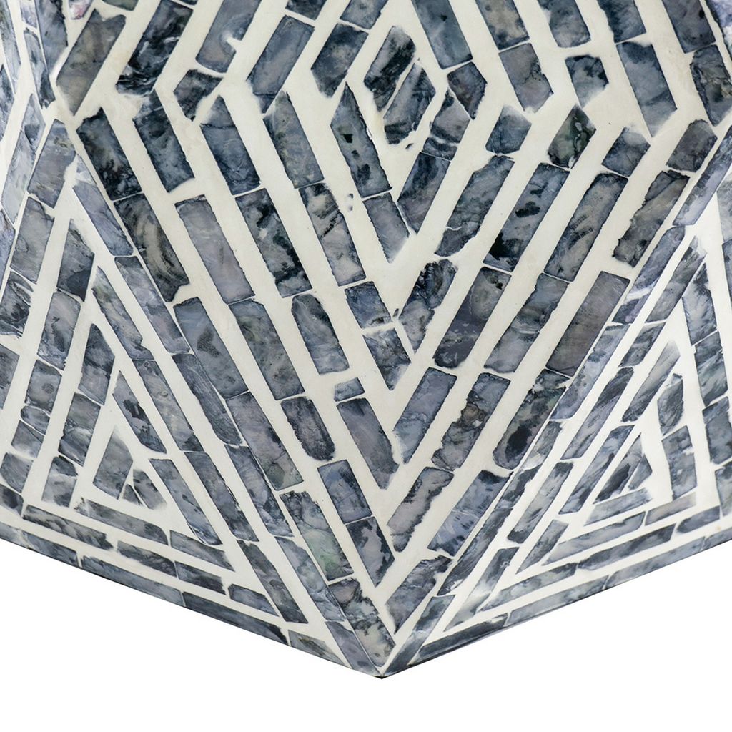 18 Inch Accent Table Stool, Hexagonal Design, Diamond Pattern, Blue, White - View 4