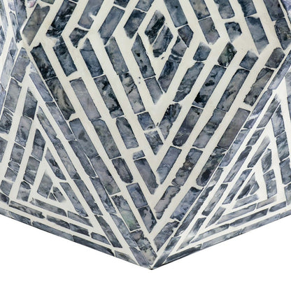 18 Inch Accent Table Stool, Hexagonal Design, Diamond Pattern, Blue, White - View 4