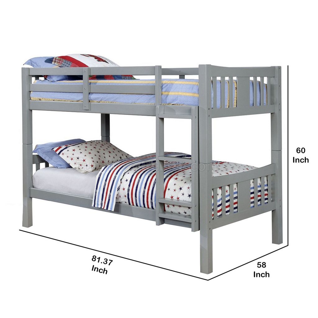 Slatted Twin Over Twin Bunk Bed with Attached Ladder, Gray - View 6