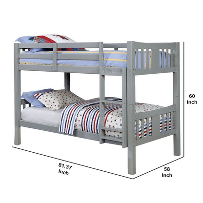 Slatted Twin Over Twin Bunk Bed with Attached Ladder, Gray - View 6