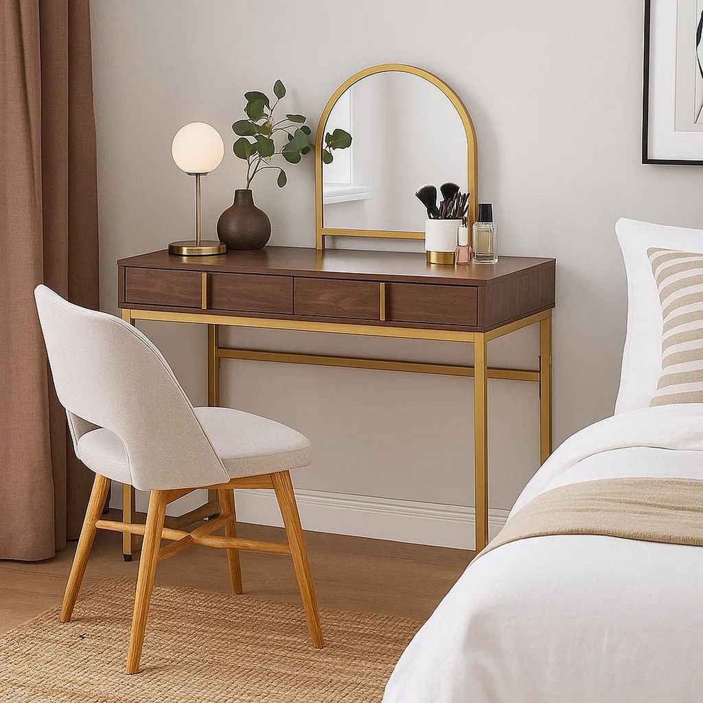 Vanity Desk with Mirror and Open Metal Frame, Brown and Gold - View 7