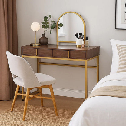 Vanity Desk with Mirror and Open Metal Frame, Brown and Gold - View 7