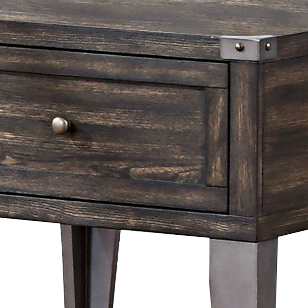 1 Drawer Wooden End Table with Metal Angled Legs, Brown - View 3