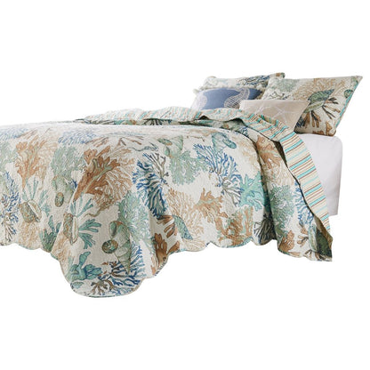 Wade 5 Piece King Quilt Set, Ocean Design, Scalloped Edges, Floral Pattern - View 3