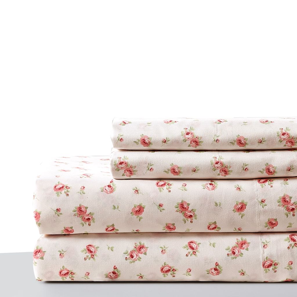 Melun 4 Piece Full Size Sheet Set with Rose Sketch The Urban Port, Pink and White