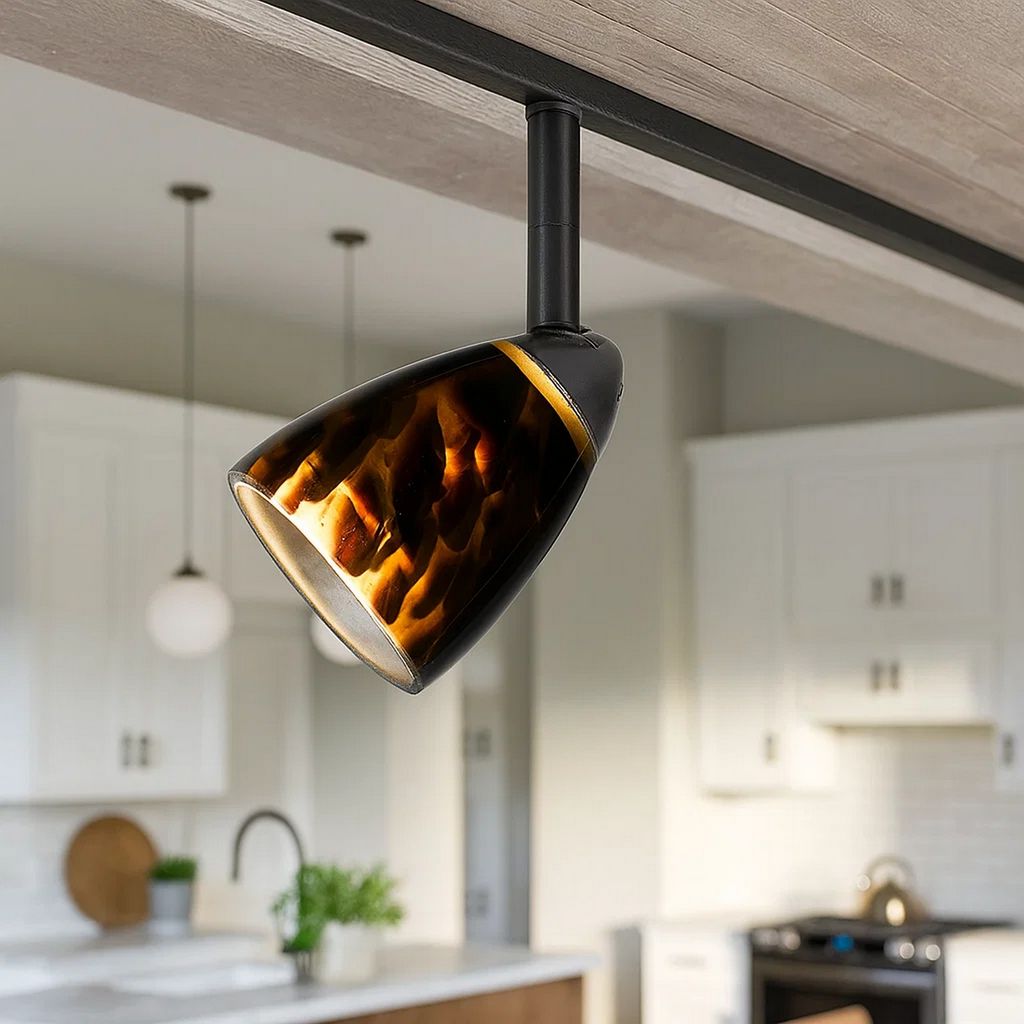 Hand Blown Glass Shade Track Light Head with Metal Frame, Gold and Bronze - View 7