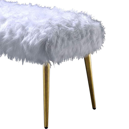 Modern Style Faux Fur Upholstered Metal Bench with Tapered Legs, White and Gold - View 3