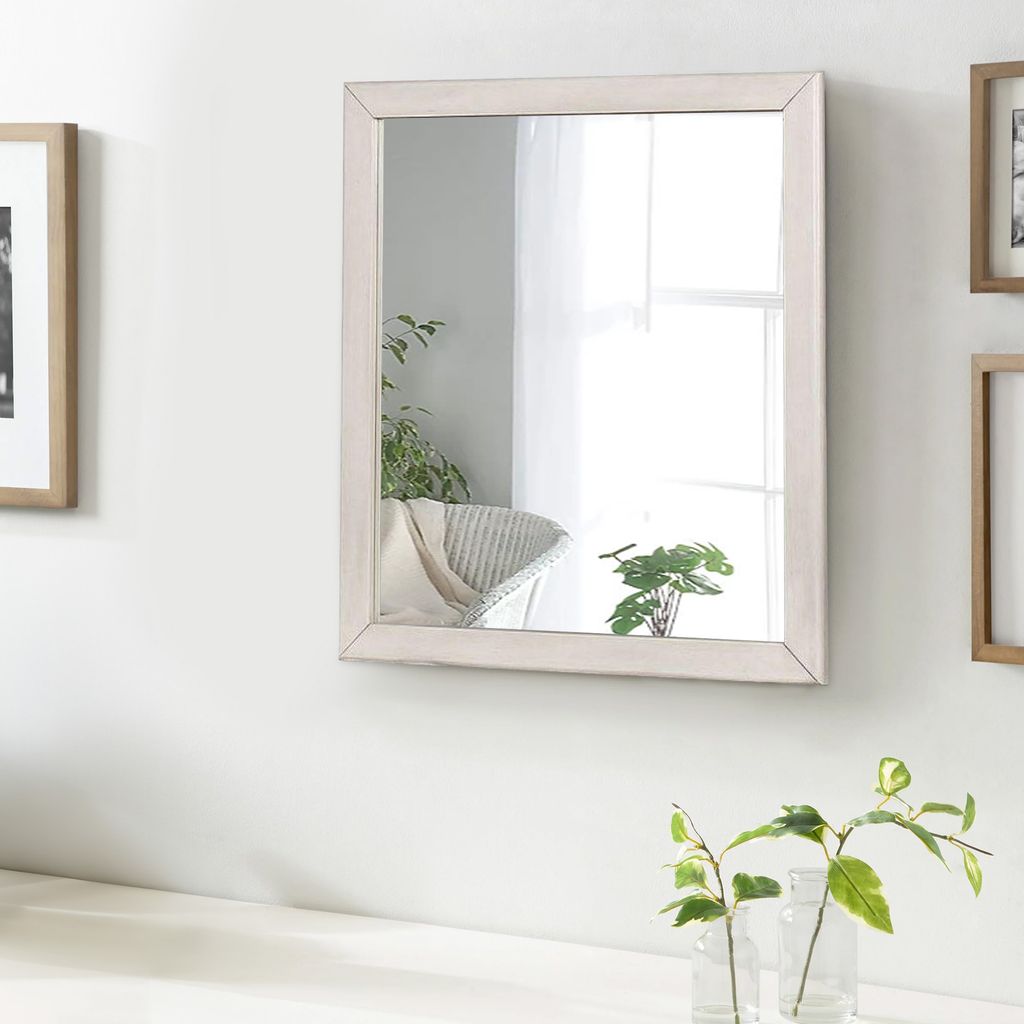 32 Inch Transitional Style Wooden Frame Mirror, White - View 7