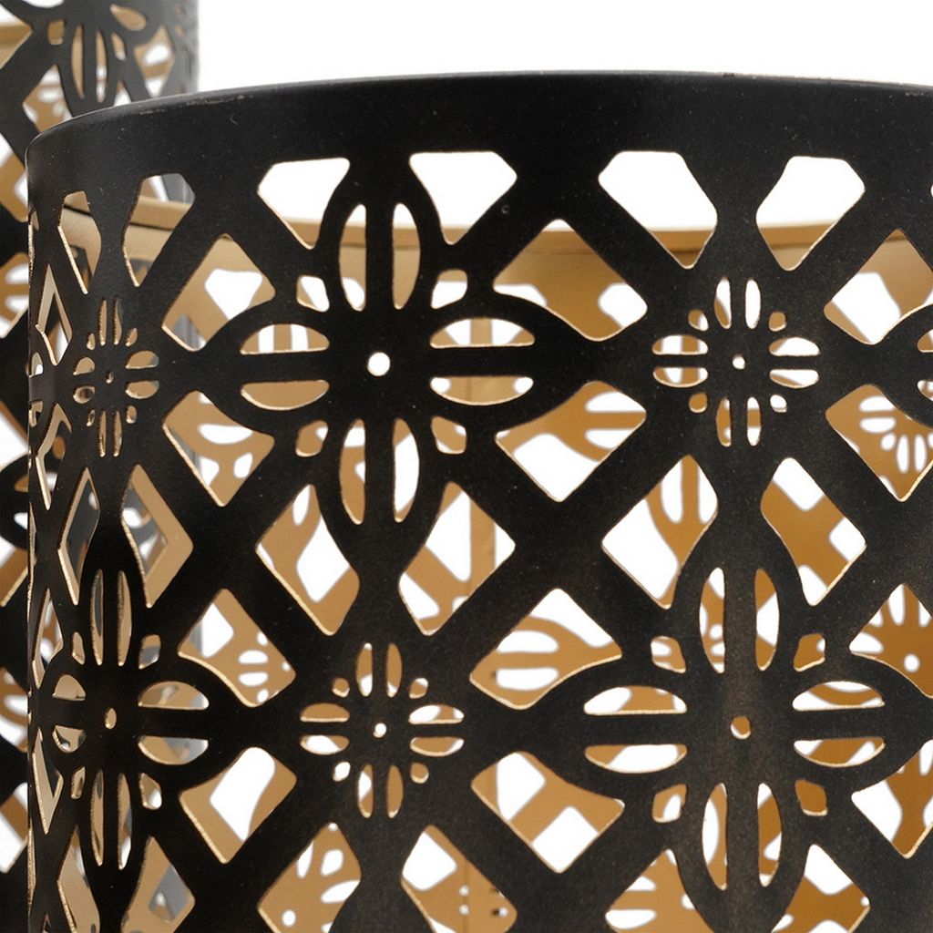 Set of 3 Lantern Candle Holders, Moroccan Lattice, Gold, Black Metal Frames - View 4