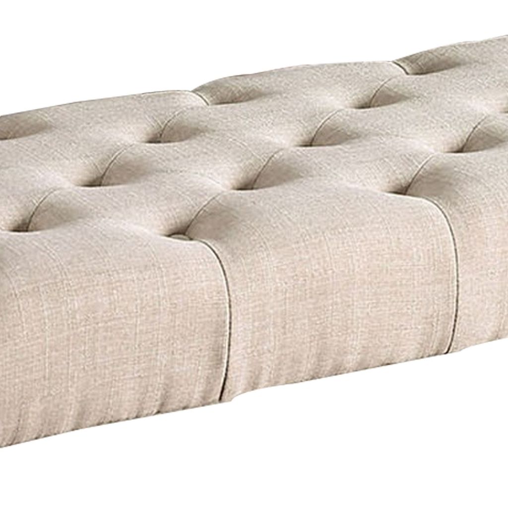 20 Inch Button Tufted Wooden Bench, Antique Black and Beige - View 4