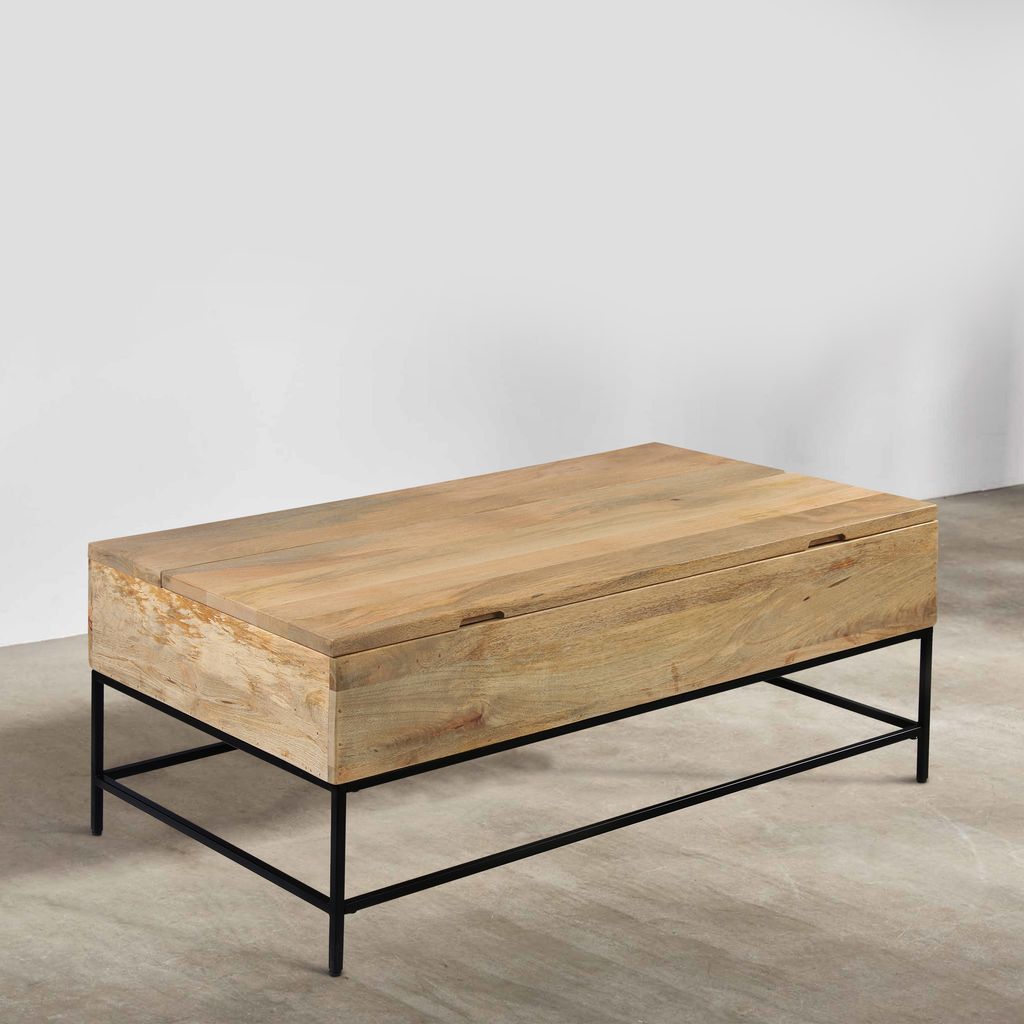 Audrey 45 Inch Handcrafted Mango Wood Coffee Table, Lift Top, Grain Details, Natural Brown, Black - View 7