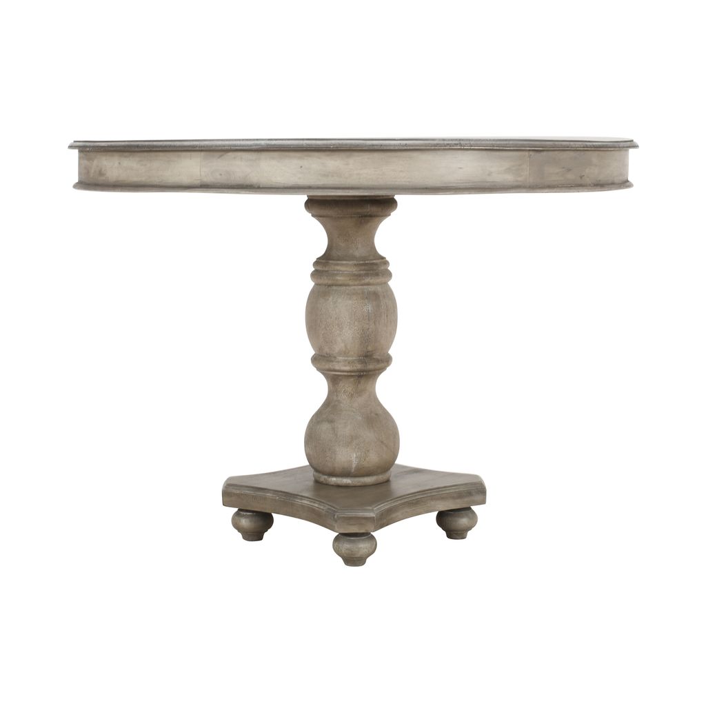 42 Inch Handcrafted Mango Wood Dining Table, Pedestal Base, Round Molded Top, Washed White, Gray - View 3