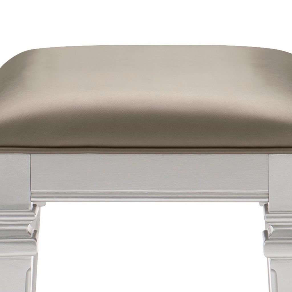 Leatherette Padded Vanity Stool with Tapered Legs and Molded Detail, Silver - View 3