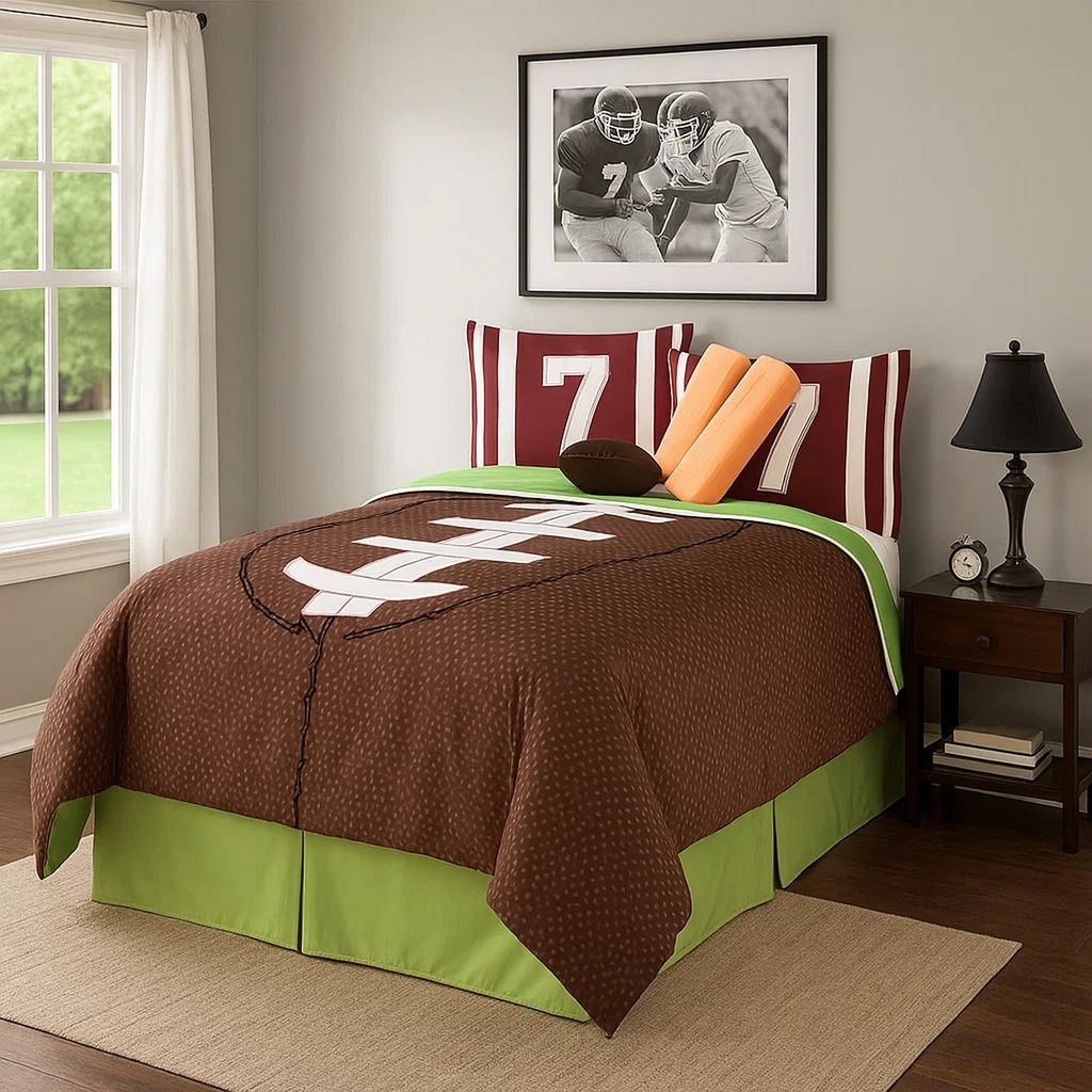 5 Piece Twin Comforter Set with Football Field Print, Brown and Green - View 7