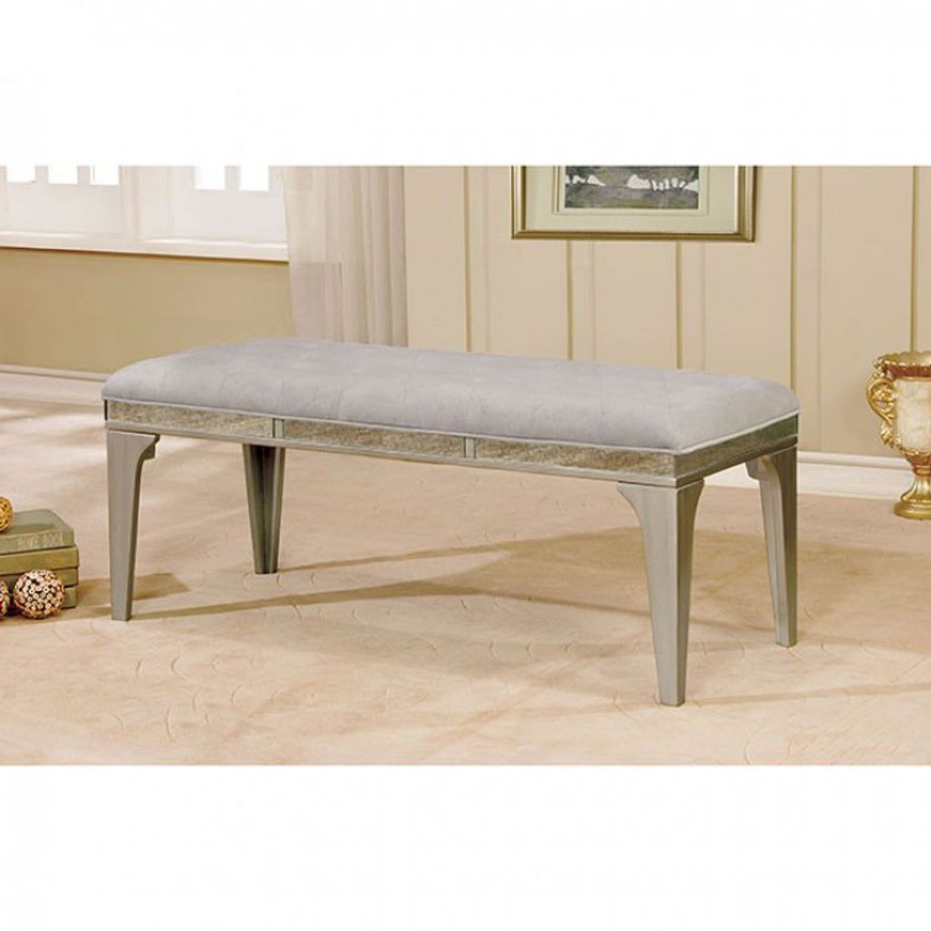 51 Inch Wood Bench, Cushioned Seat, Tapered Legs Support, Gray, Champagne Silver - View 2
