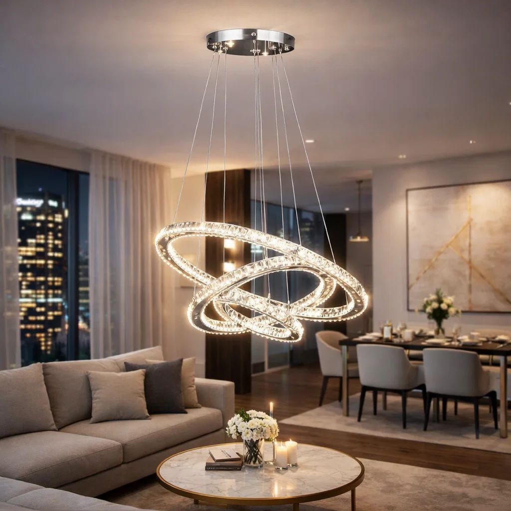 12-47 Inch Adjustable Chandelier, Offset Circle Design Silver Chrome Finish - View 7