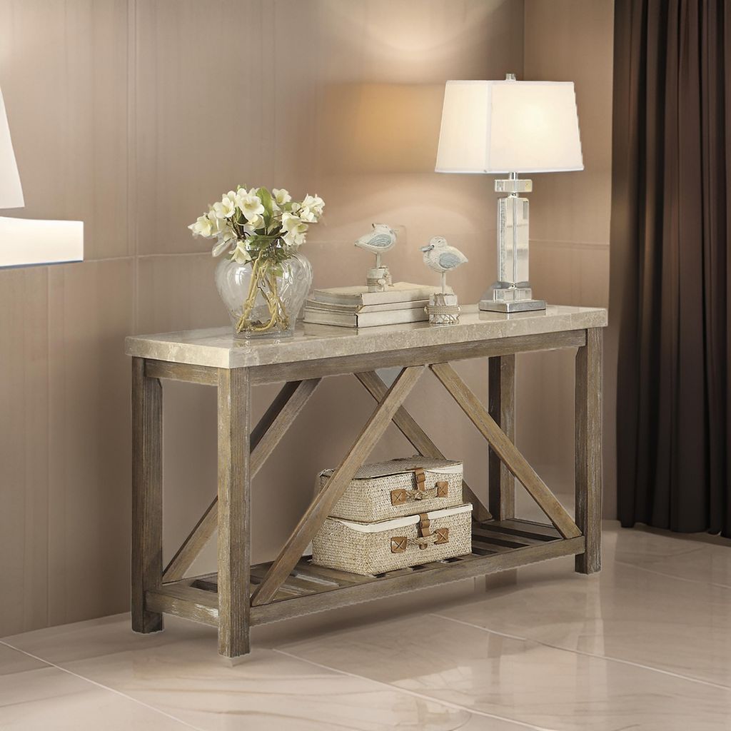 Rectangular Wooden Sofa Table With Slated Bottom Shelf, Gold Brown - View 7