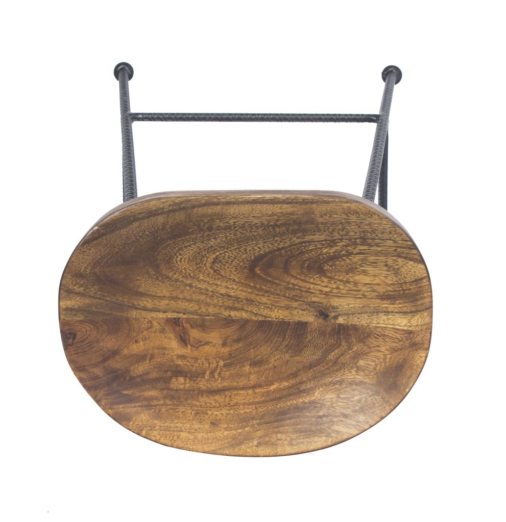 Jael 28 Inch Bar Stool with Mango Wood Saddle Seat, Iron Rod Legs, Brown and Black - View 3