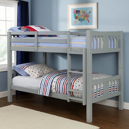 Slatted Twin Over Twin Bunk Bed with Attached Ladder, Gray - View 7