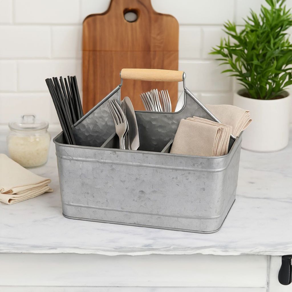 Metal Caddy Serveware with Mango Wood Handle, Rustic Galvanized Gray  - View 6