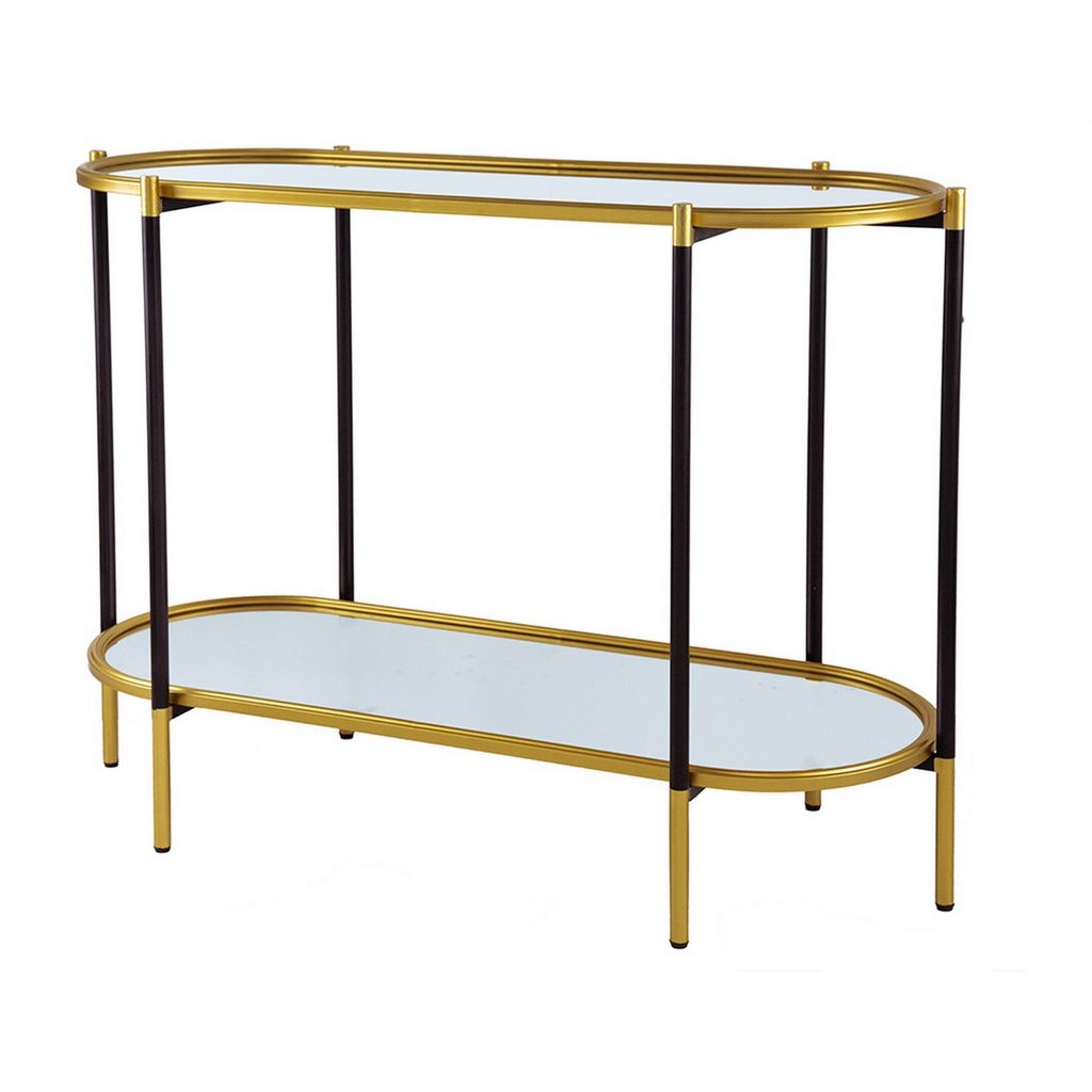 30 Inch Console Sideboard Table, Oblong, Mirrored Top, Black, Gold - View 2
