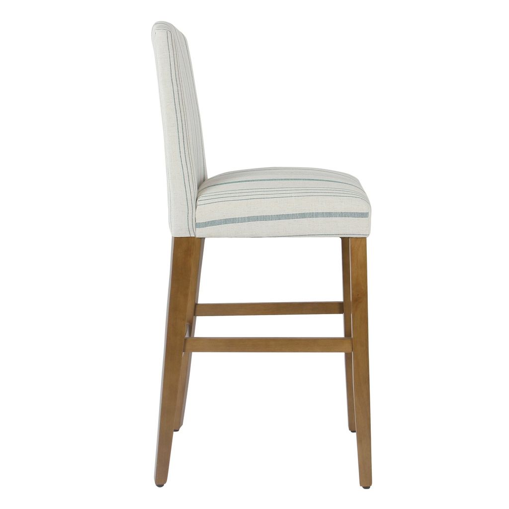 Fabric Upholstered Wooden Barstool with Striped Cushioned Seat, White and Blue - View 5